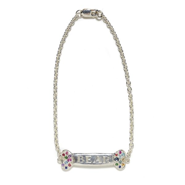 dog bone id bracelet in sterling silver with multicolor gemstones