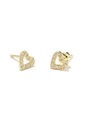 custom tiny open heart studs - seen in 14k yellow gold with diamonds