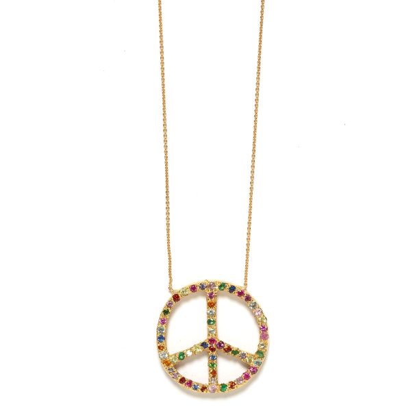 yellow gold multicolor large peace sign necklace Elisa Solomon - Yellow Gold Multicolor Large Peace Sign Necklace