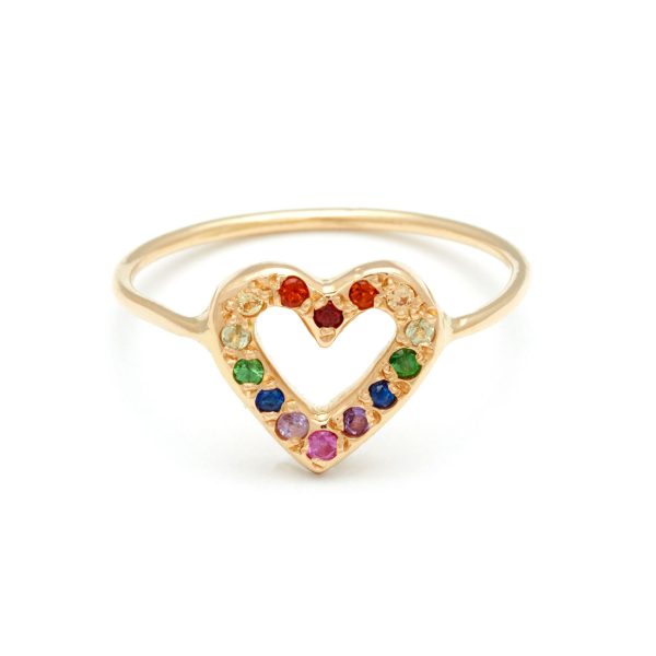 Yellow Gold Open Heart Ring with Rainbow Gems - Elisa Solomon Jewelry