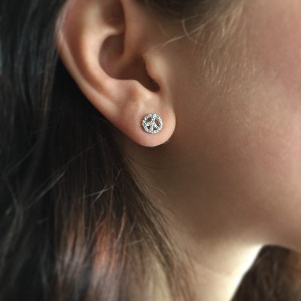 IN EarringsPeaceStuds White Diamond Peace Sign Studs