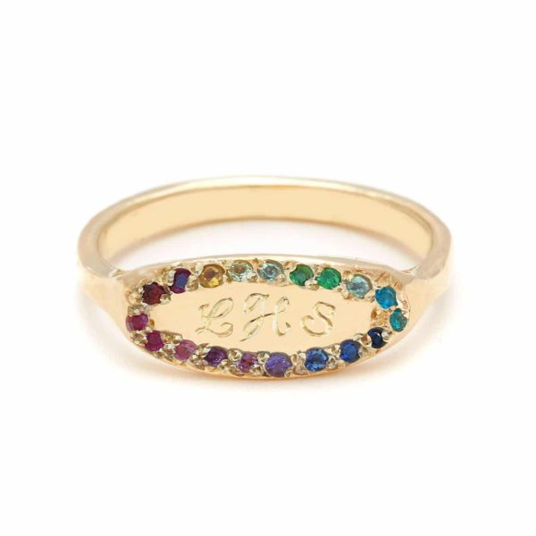 rainbow oval signet engraved ring band
