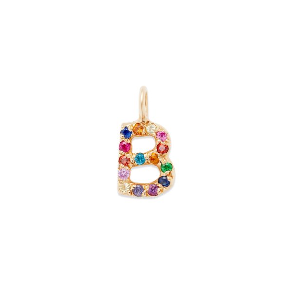 custom-letter-charm-necklace-rainbow-gems-14k-yellow-gold-letter-b single letter charm 14k gold necklace - customizable diamonds & gems - 14k yellow gold - letter b
