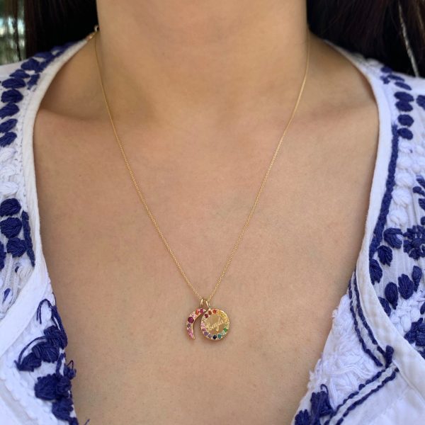 moon-circle-charms gold moon charm and circle charm on gold necklace