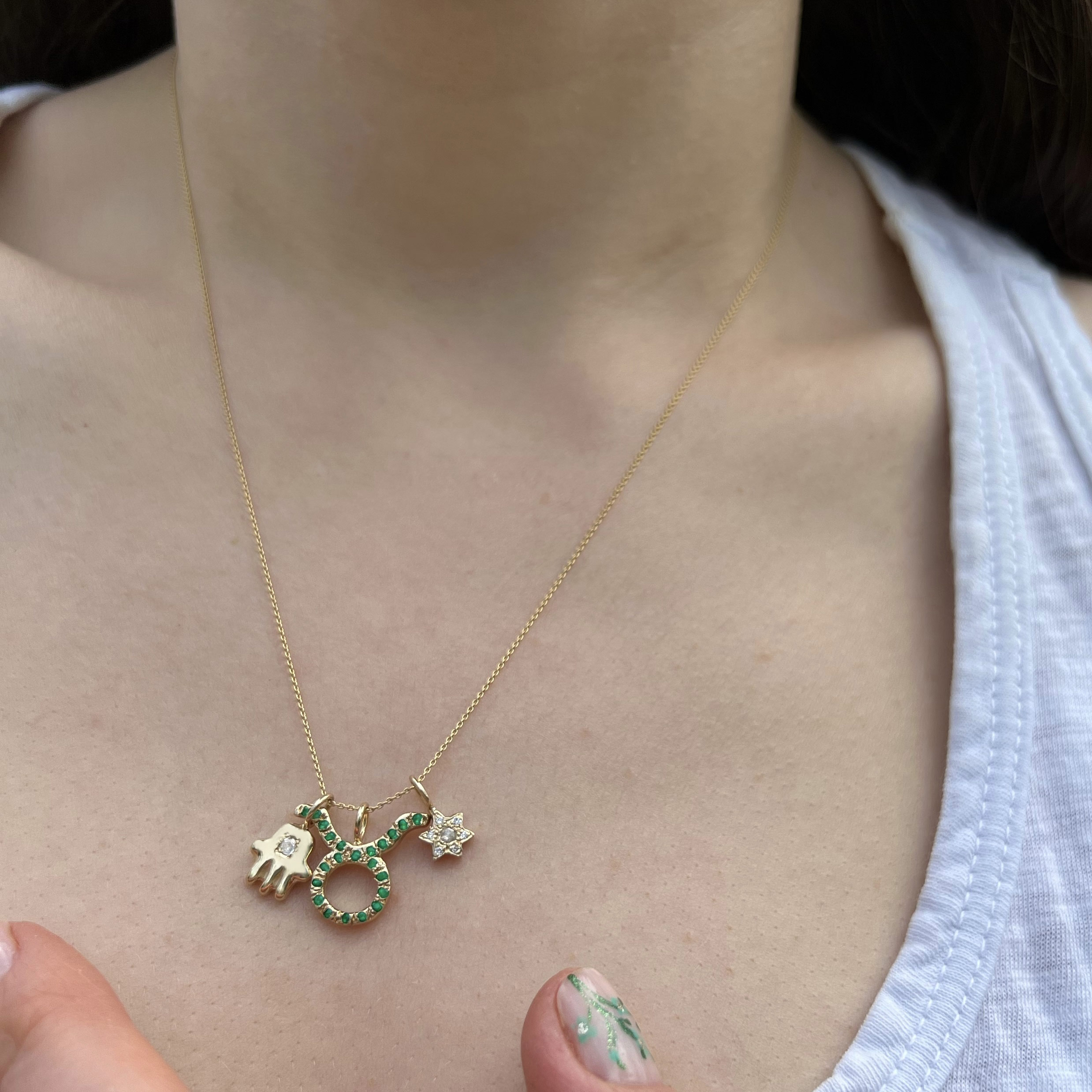 hamsa-and-6-point-star-and-zodiac-gold-charm-necklace hamsa, 6 point star and zodiac gold charm necklace