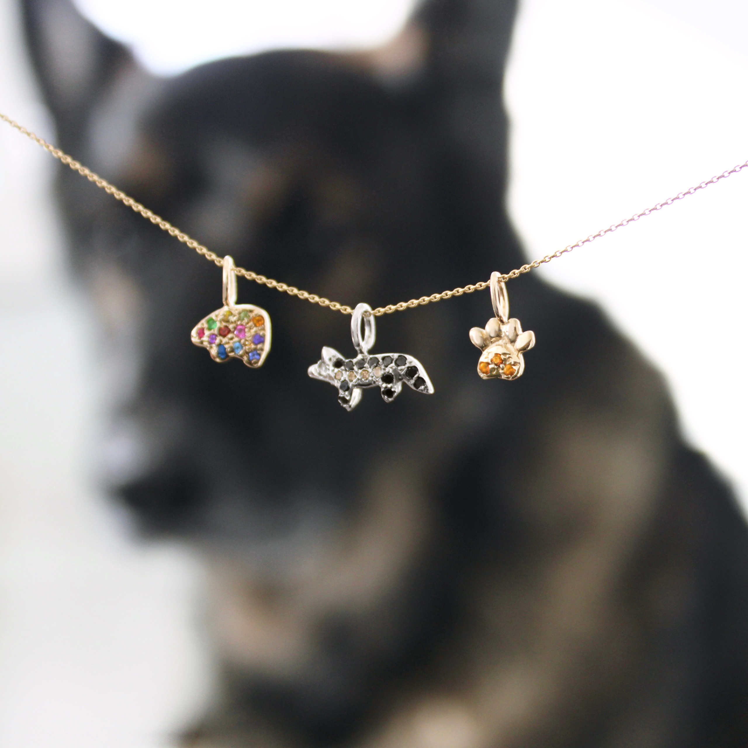 bear charm with multicolor gemstones, german shepherd charm with black and champagne diamonds, and the paw charm with citrine gemstones in the foreground with "bear" the german shepherd in the background