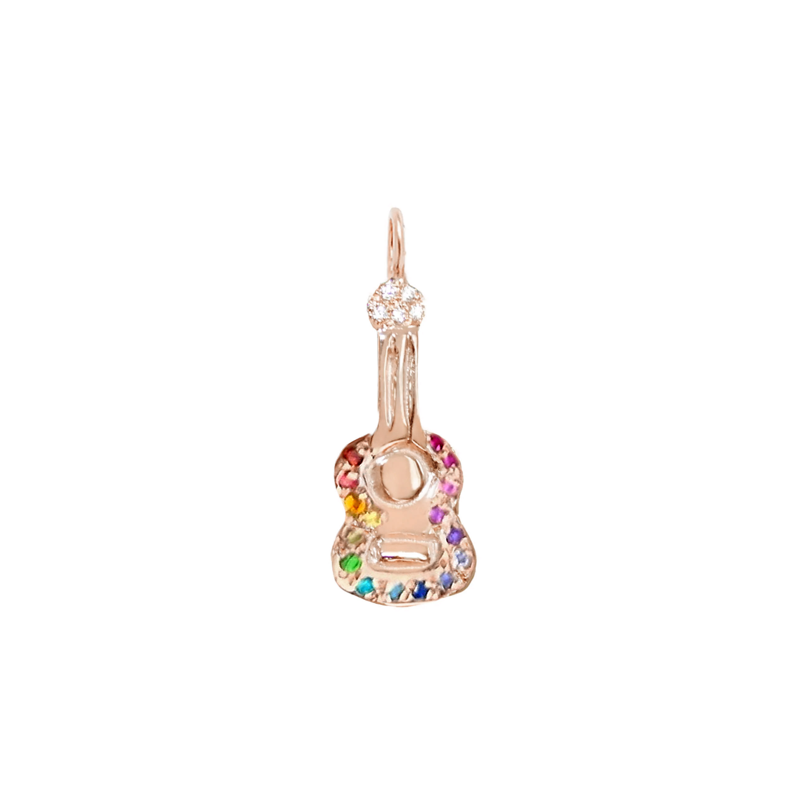rainbow gemstone gold guitar charm - 14k pink gold