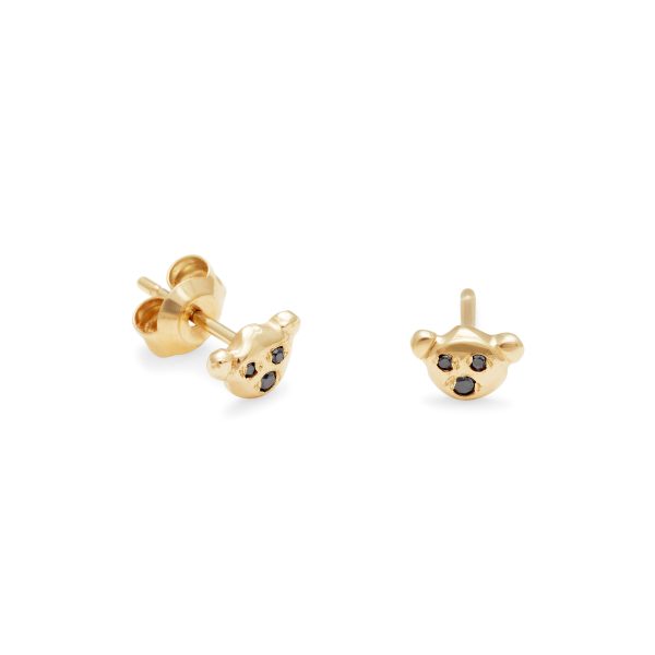 bear-face-stud-earrings-gold-black-diamond-eyes-nose Bear Face Studs - 14k Yellow Gold