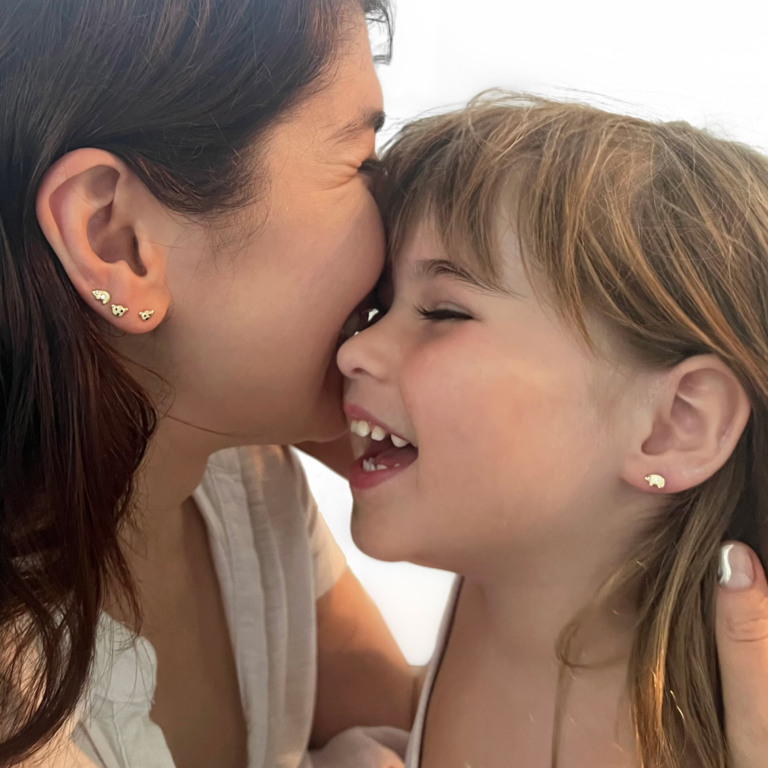 Mother and Daughter wearing the bear studs and bear face studs earrings