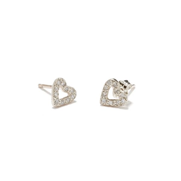 custom tiny open heart studs - seen in 14k white gold with diamonds