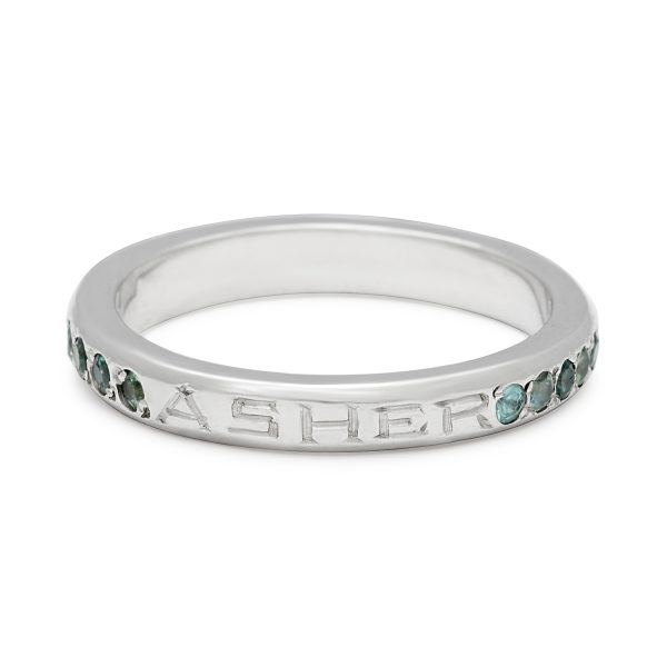 Baby Date Engraving on Platinum Band with Gemstones & Diamonds - Name Engraved on side