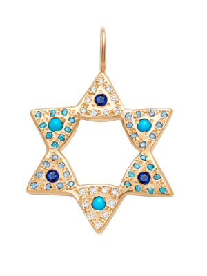 Blue Sapphire & Turquoise Large Star Charm - 14k Yellow Gold