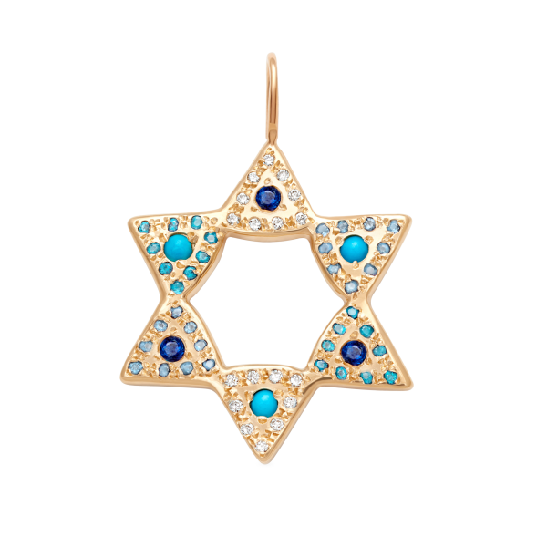 large-gold-star-charm-blue-sapphire-turquoise Blue Sapphire & Turquoise Large Star Charm - 14k Yellow Gold