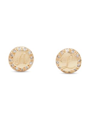 Letter engraved into the center of the gold circle stud earrings with diamonds around it