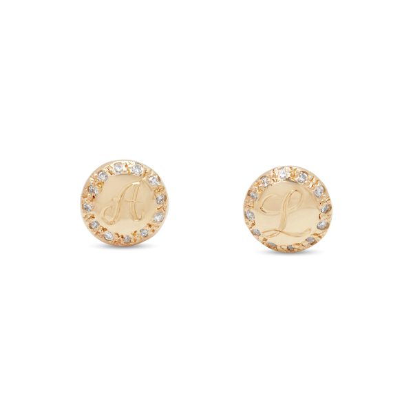 engraved-circle-gold-diamond-stud-earrings Letter engraved into the center of the gold circle stud earrings with diamonds around it