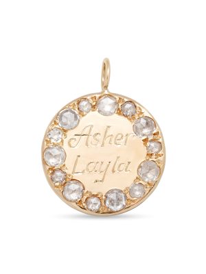 large-gold-diamond-engraved-circle-charm Large Circle Charm with engraving in the center. 14k Gold with Diamonds