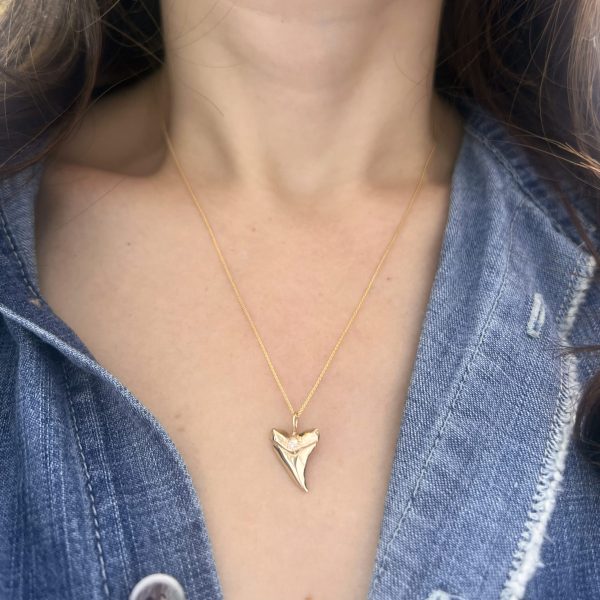 wearing the custom engraved shark tooth necklace