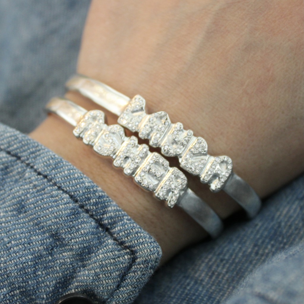 Wearing the diamond name cuff bracelet in sterling silver