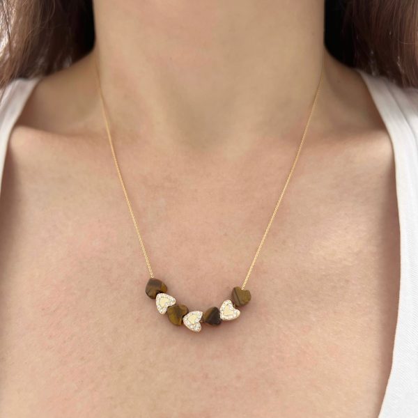 Diamond Heart Bead Necklace with Tiger's Eye Heart Beads