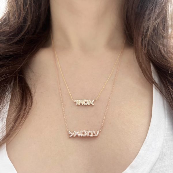 hebrew-name-necklace-yellow-pink-gold-diamonds-wearing Diamond Hebrew Name Necklace
