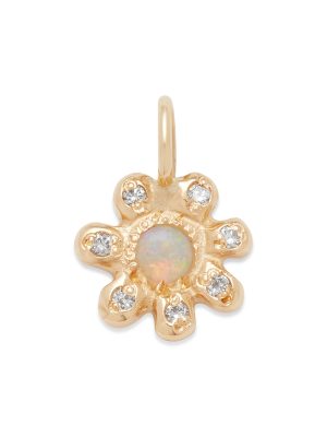 gold flower charm with opal center gemstone and diamond flower pedals