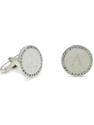 sterling silver large circle birthstone cufflinks with custom initial engraving in the center